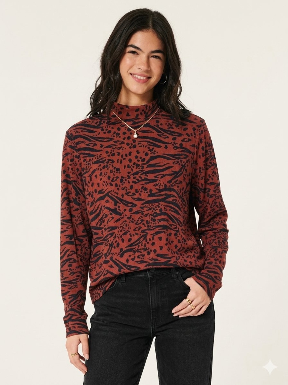 No Boundaries Rust and Black Mockneck Animal-Print Long Sleeve Top